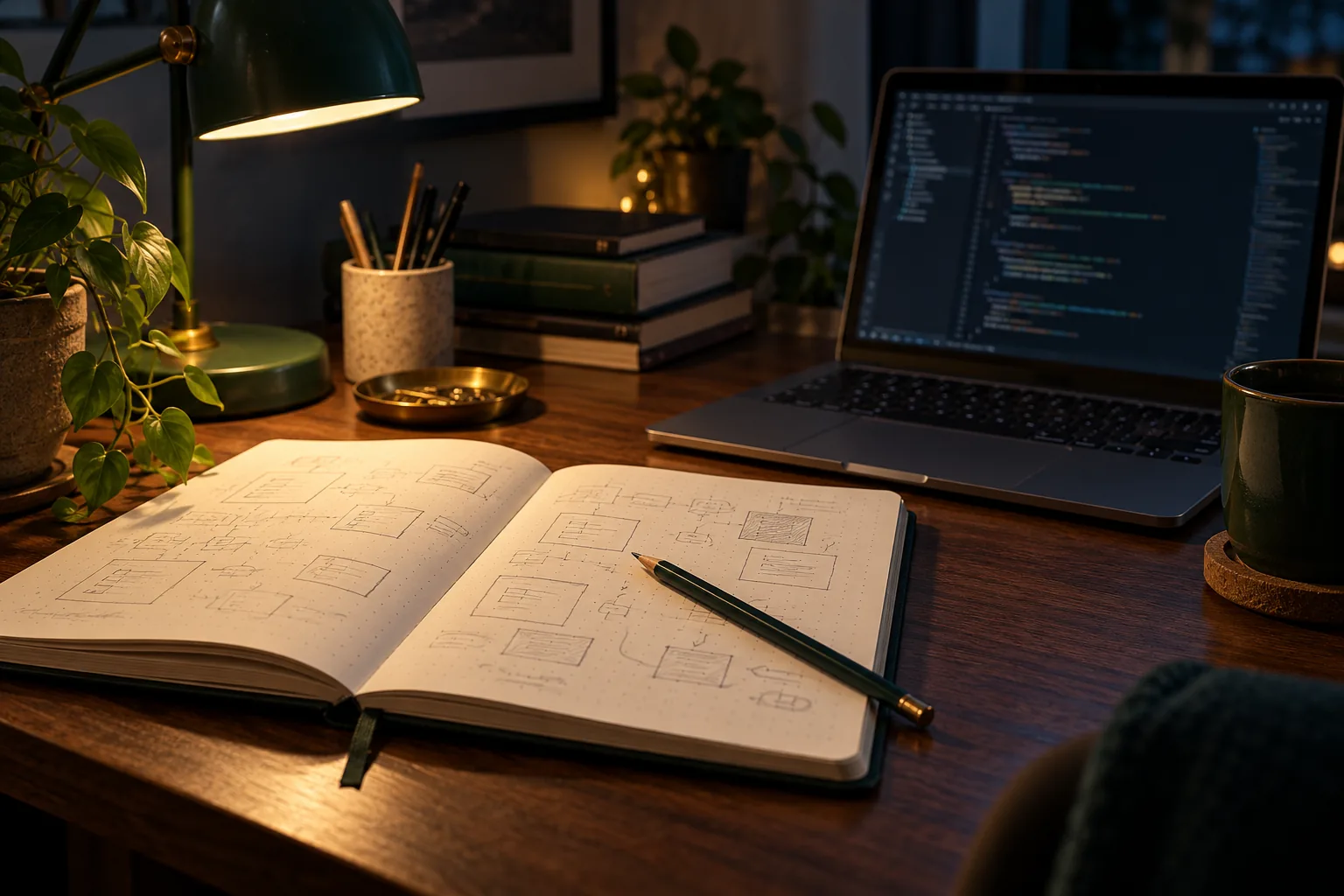 Caderno com esboços de módulos ao lado de um computador, em uma mesa de estudo.